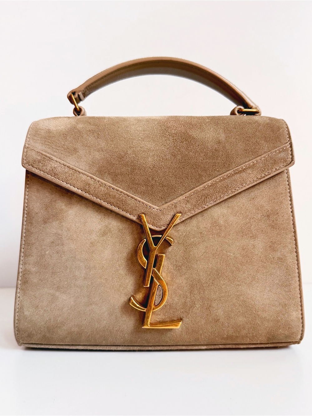 Yves Saint Laurent Cassandra Mini Top Handle Bag Beige Suede